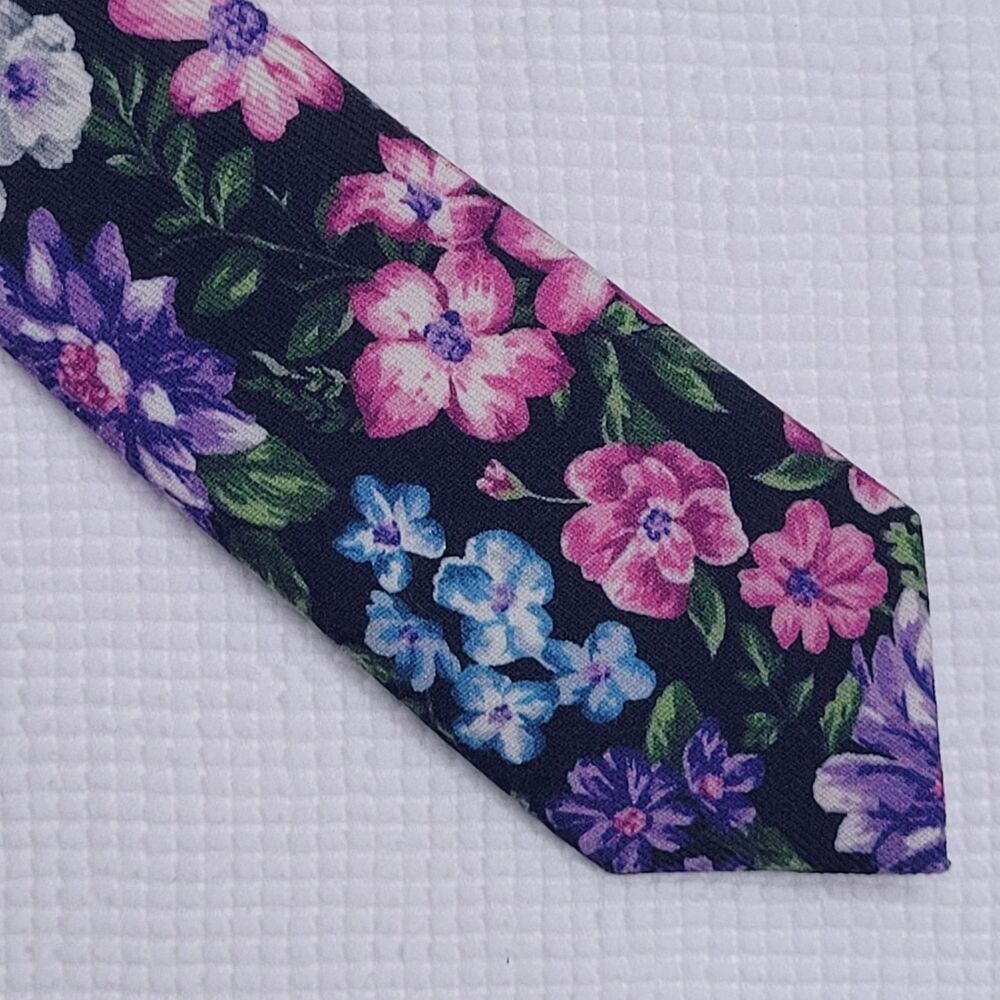 THE TIE BAR 2.5" x 60" Wool Tie Black, Pink, Blue & Purple Floral Event Garden